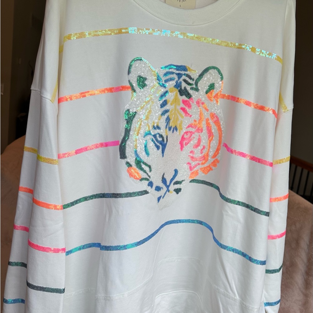 Fantastic Fawn White Sequined Sweatshirt with Colorful Tiger Design